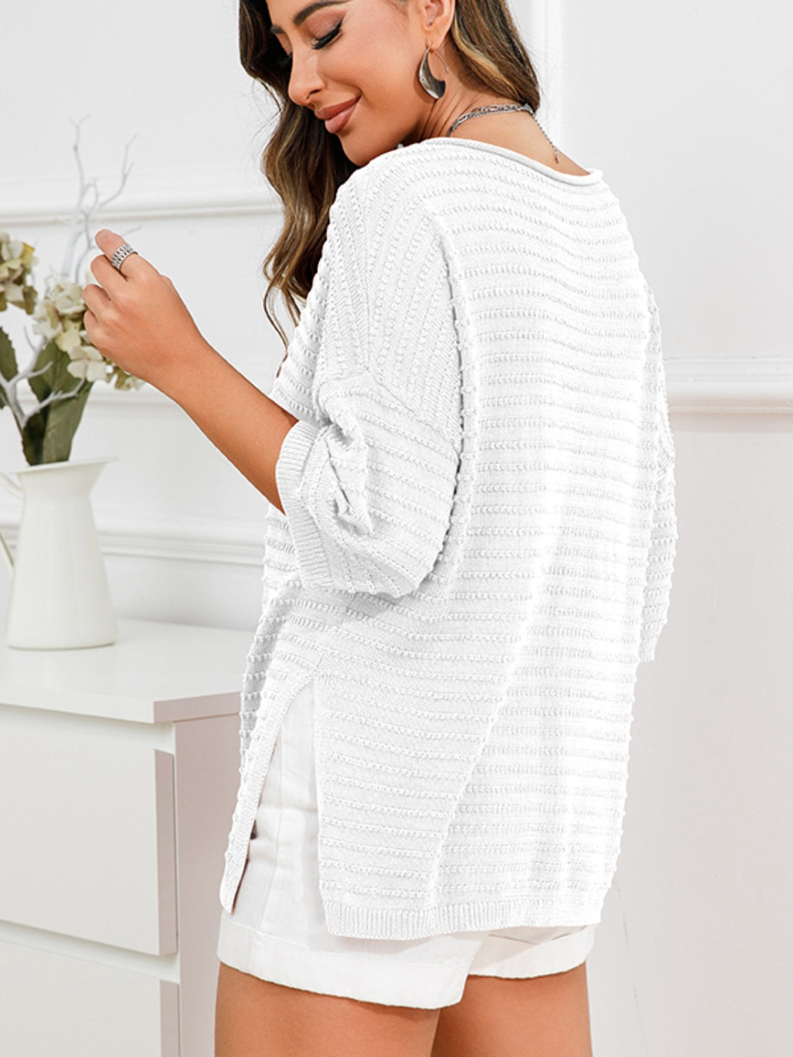 Rolled Round Neck Dropped Shoulder Slit Sweater 