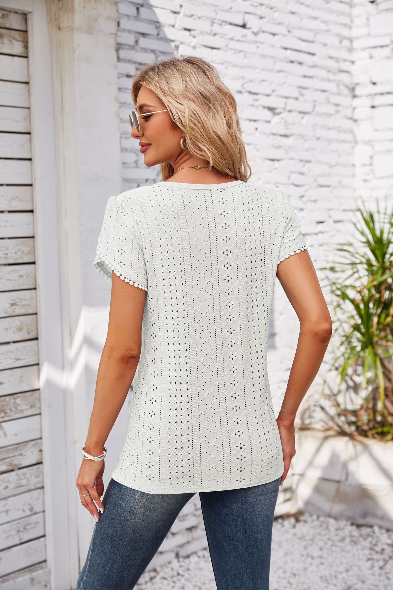 Eyelet Round Neck Petal Sleeve T-Shirt 