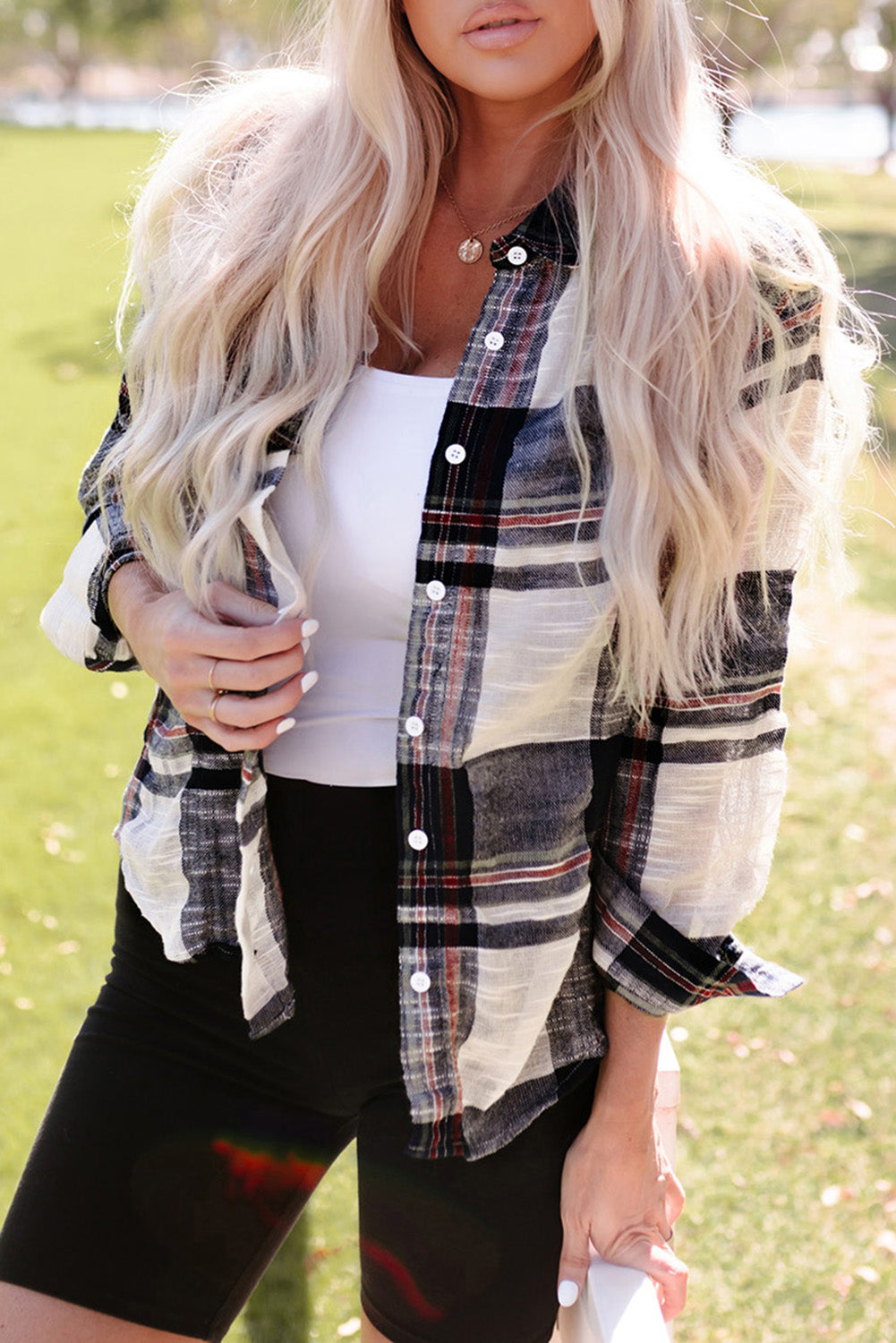 Plaid Button Up Long Sleeve Shirt - Babbazon Camisole