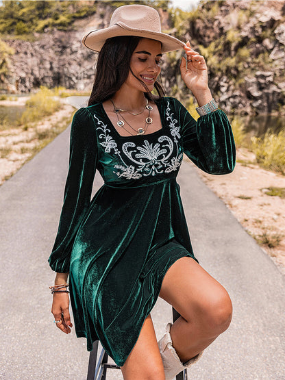 Embroidered Square Neck Long Sleeve Dress 