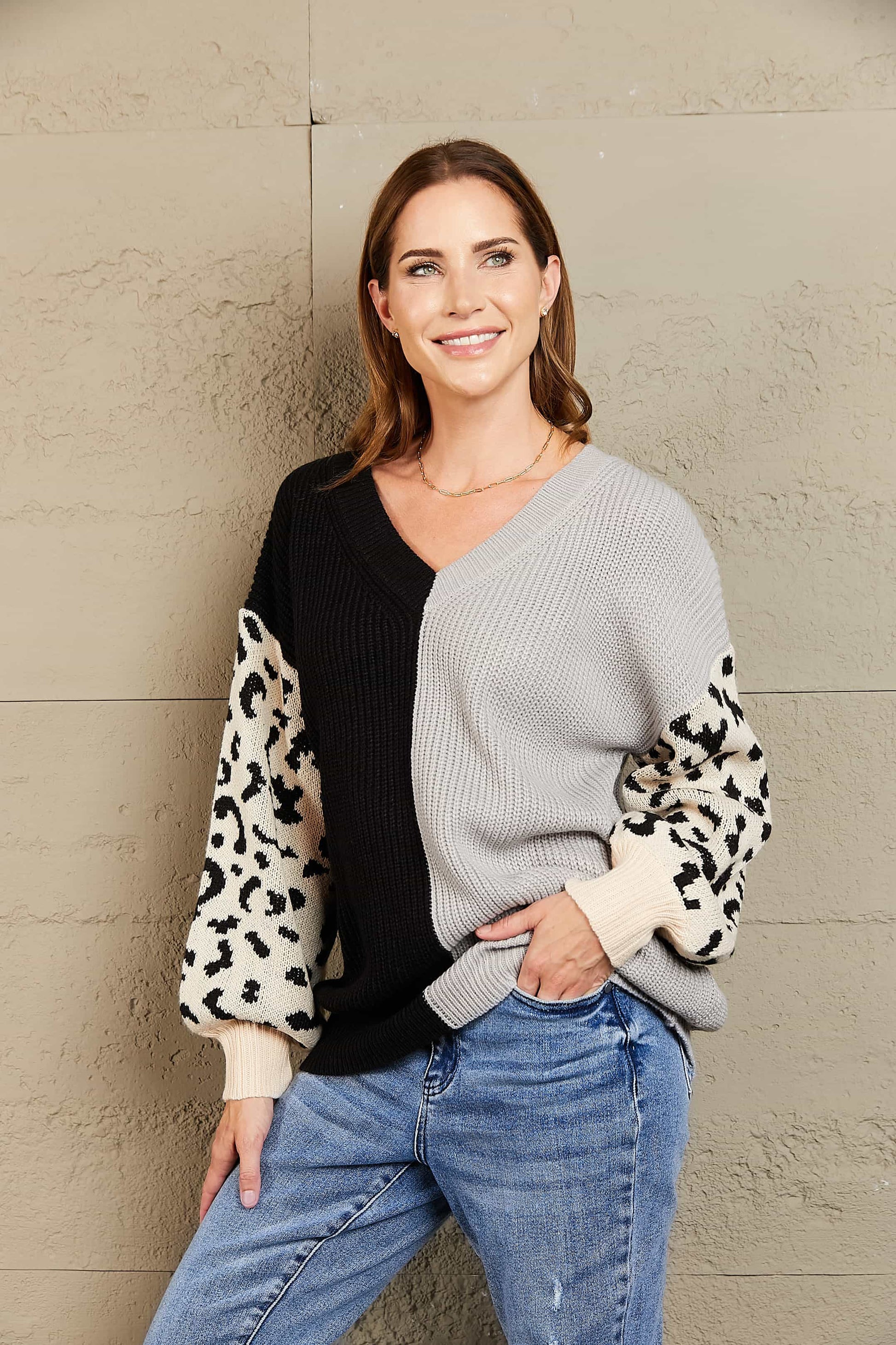 Woven Right Leopard Color Block V-Neck Tunic Pullover Sweater 