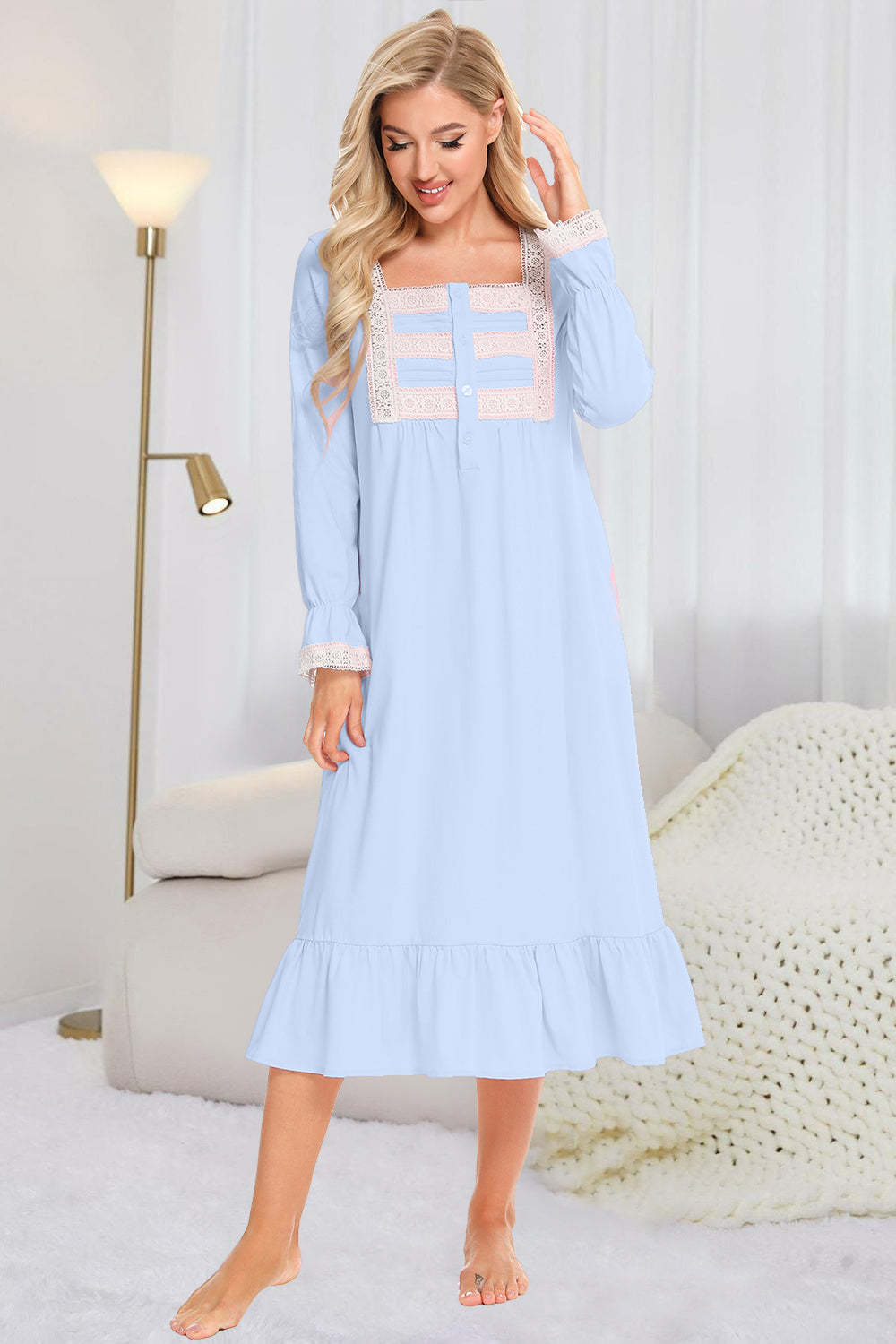 Lace Detail Square Neck Flounce Sleeve Night Dress 