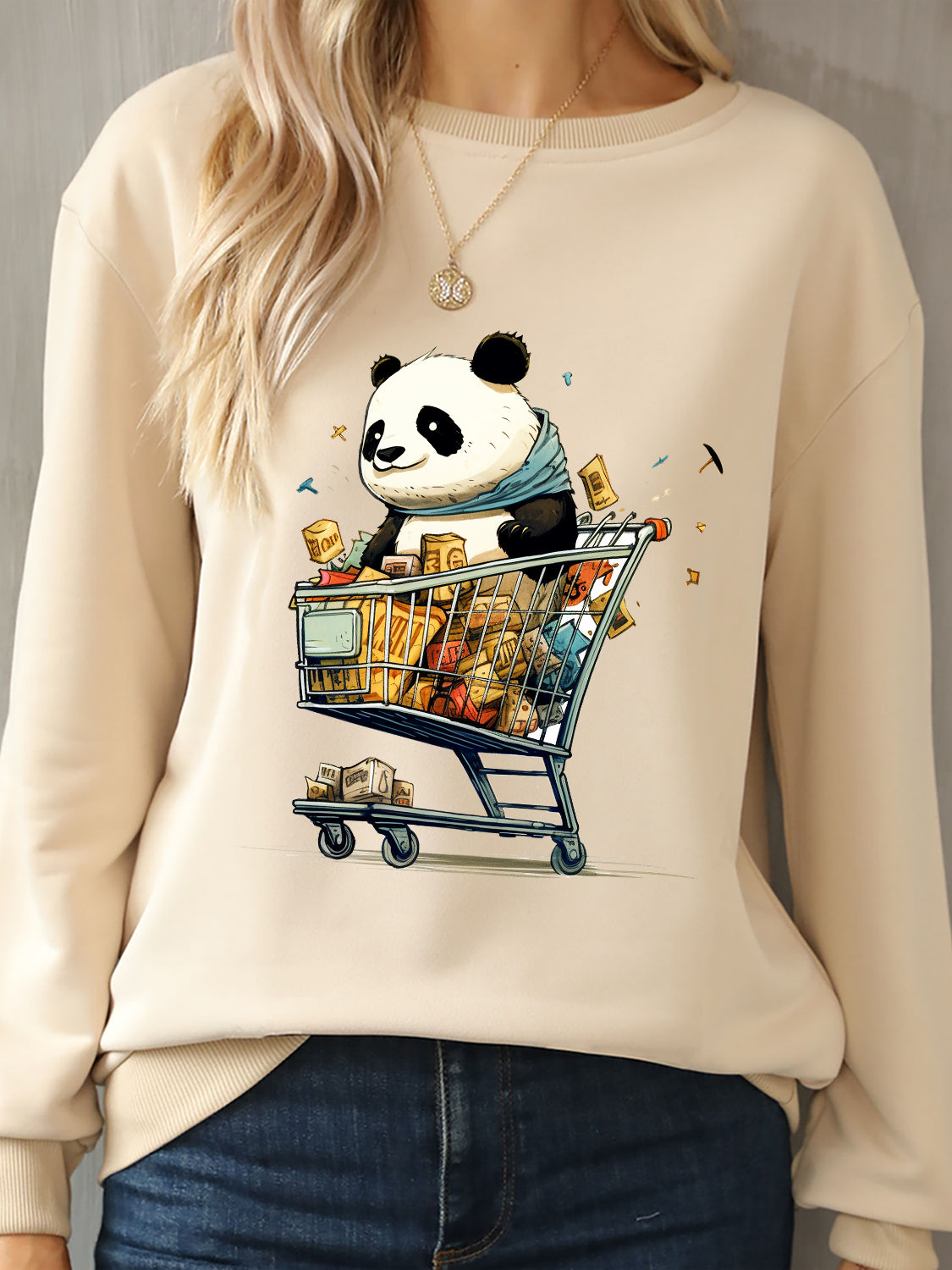 Panda Round Neck Dropped Shoulder Sweatshirt 