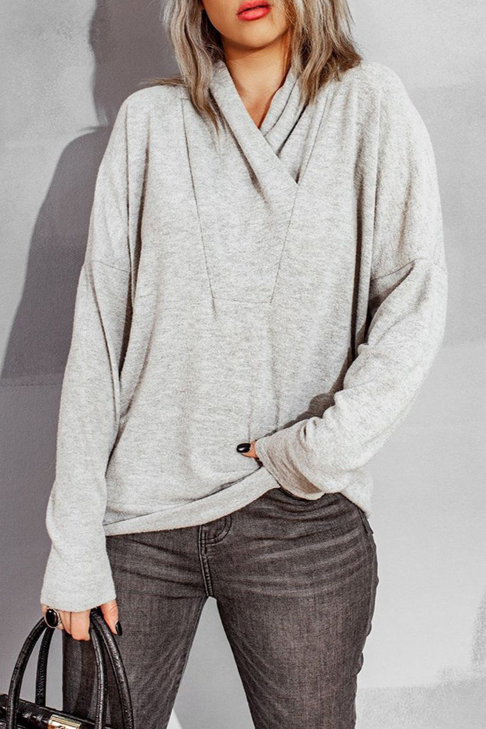 Surplice Dropped Shoulder Long Sleeve Sweater 