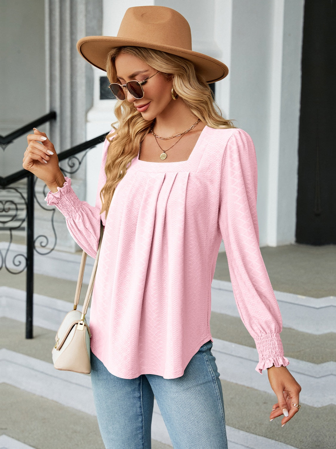 Ruched Square Neck Lantern Sleeve Blouse