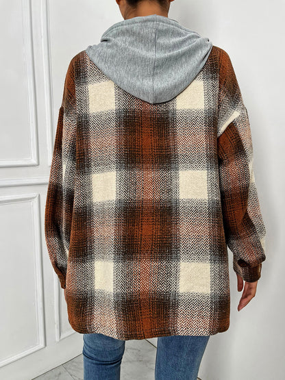 Plaid Drawstring Hooded Jacket 