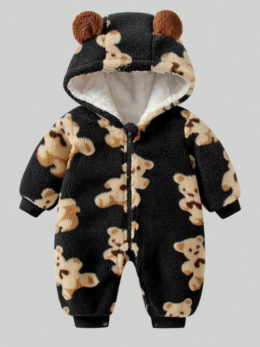 Bear Zip Up Long Sleeve Hooded Jumpsuit 