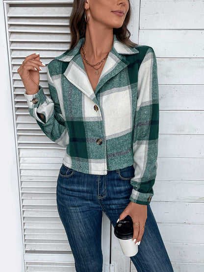 Plaid Collared Neck Button Up Long Sleeve Jacket 