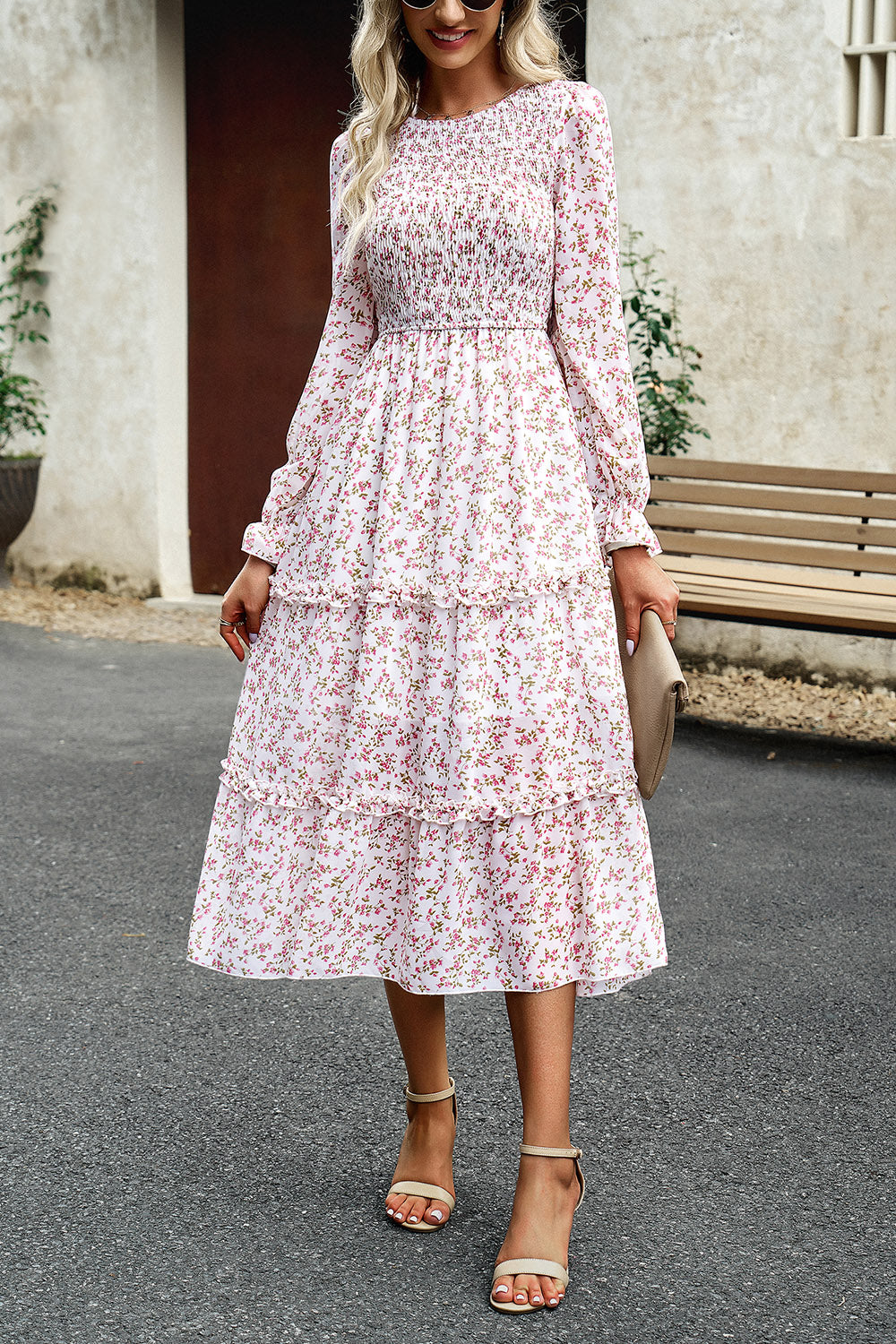 Smocked Flounce Sleeve Midi Dress 