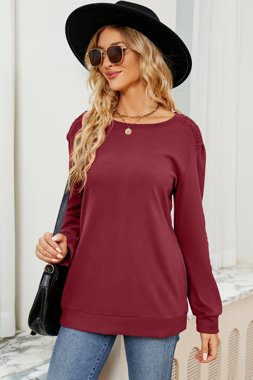 Ruched Round Neck Long Sleeve T-Shirt 