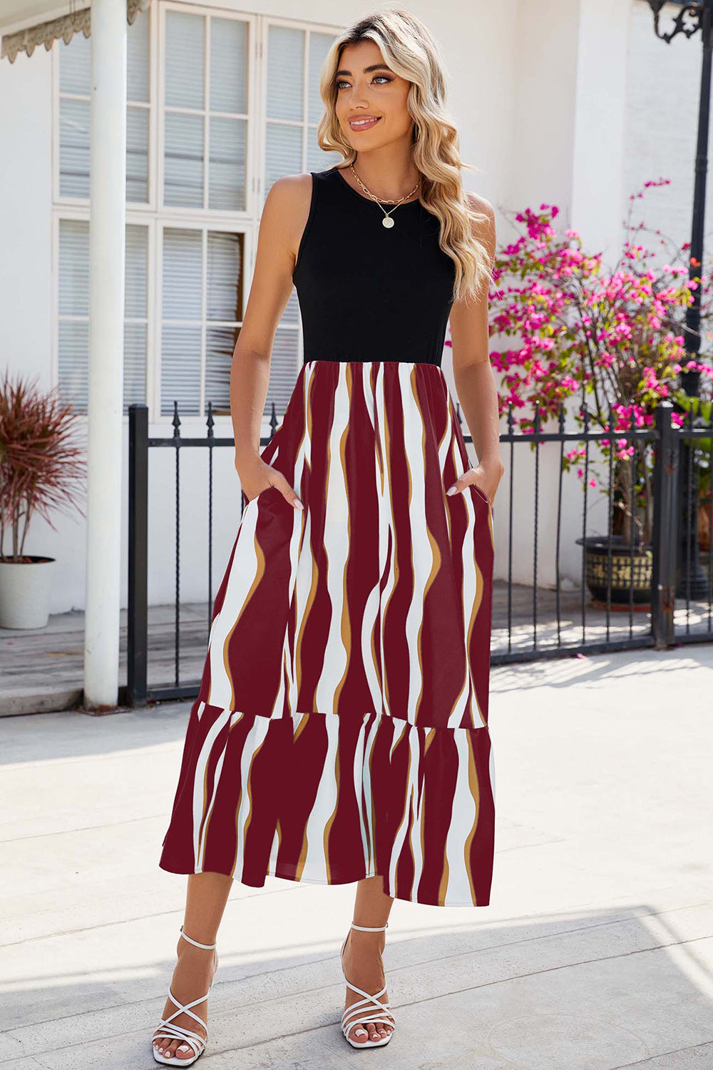 Striped Round Neck Sleeveless Midi Dress 