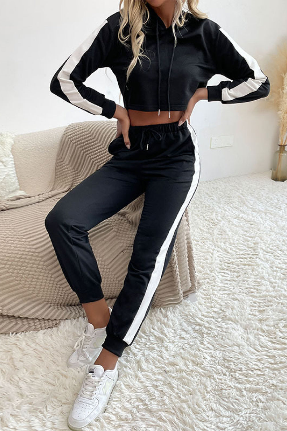 Side Stripe Cropped Hoodie and Jogger Set 