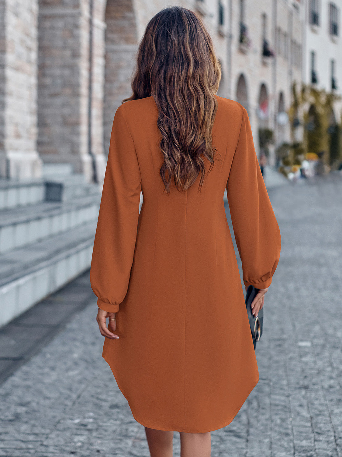 Notched Neck Long Sleeve Dress 