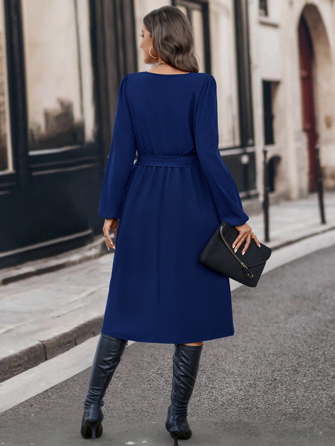 Buttoned Tie Front Long Sleeve Asymmetrical Neck Dress 