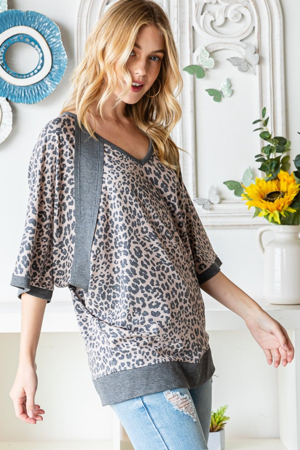 Heimish Full Size Leopard Contrast V-Neck Half Sleeve T-Shirt 