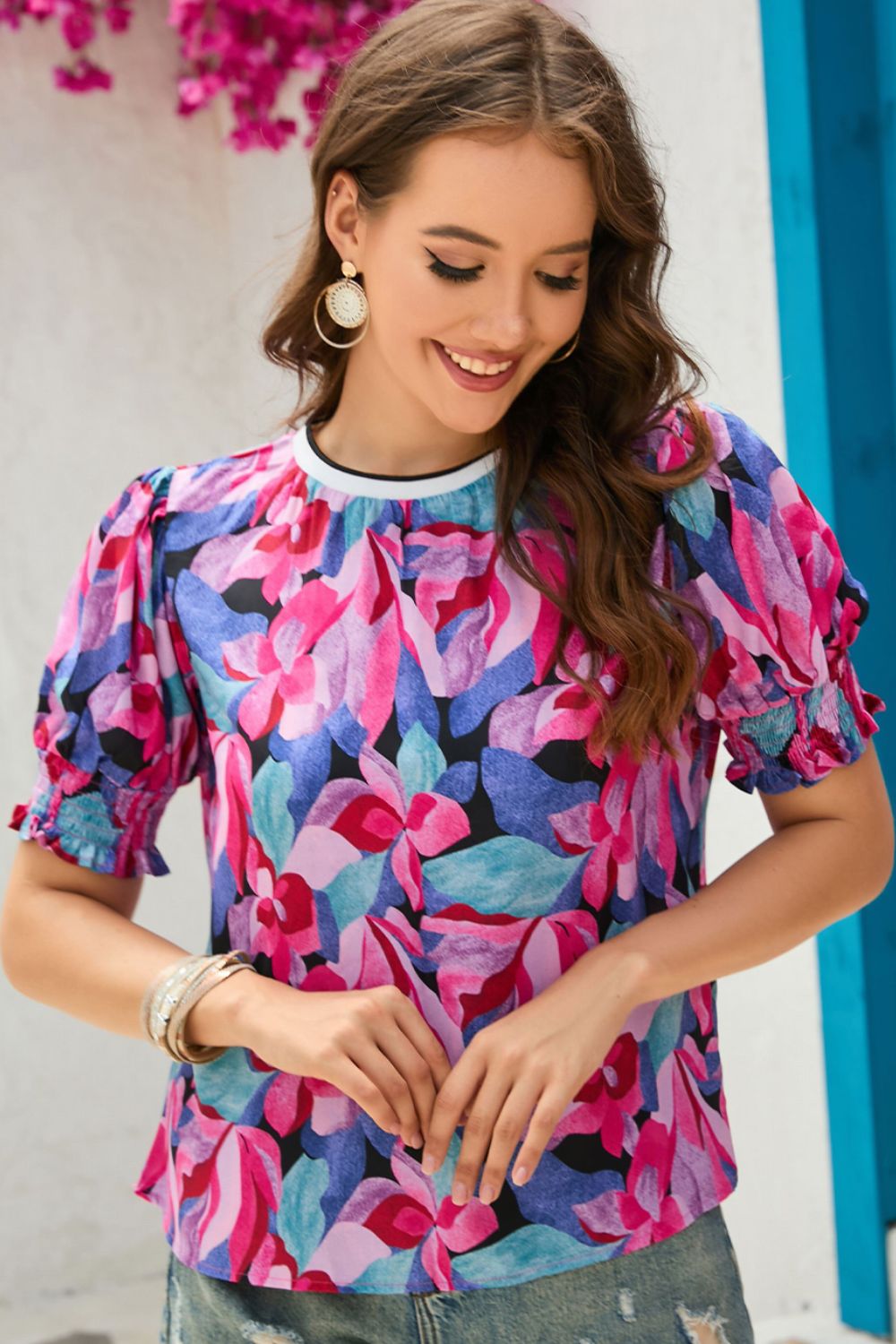 Floral Round Neck Puff Sleeve Top - Babbazon Tops