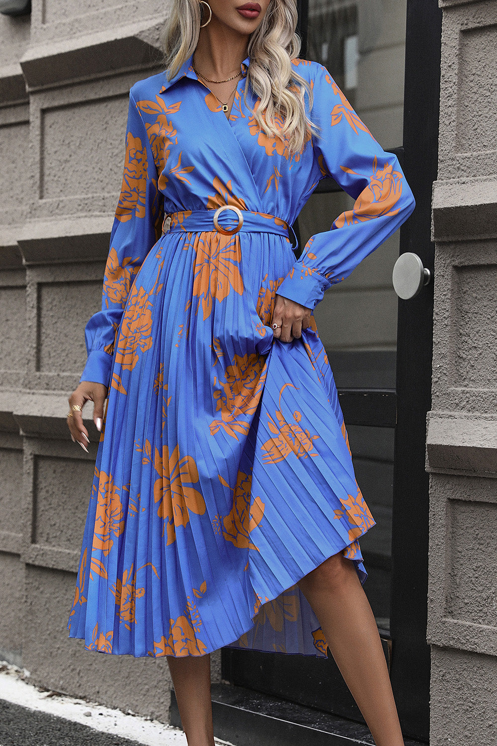 Floral Pleated Surplice Long Sleeve Midi Dress 