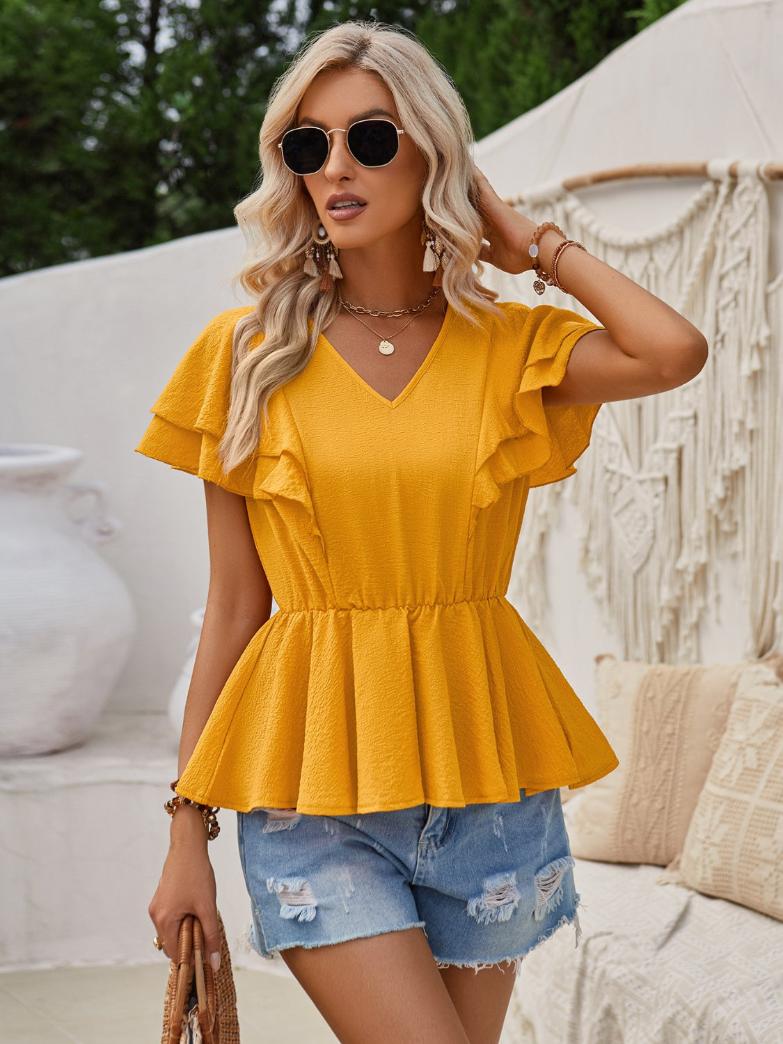 Ruffled V-Neck Peplum Blouse 