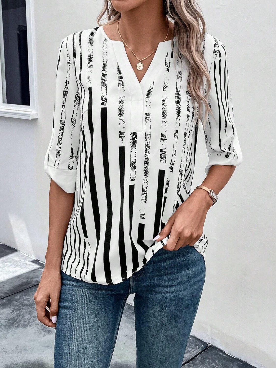 Striped Notched Half Sleeve Blouse 