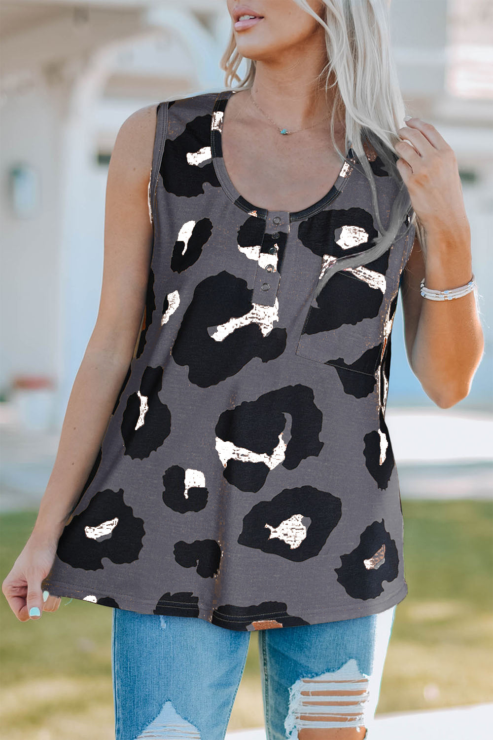 Pocketed Leopard Round Neck Tank - Babbazon