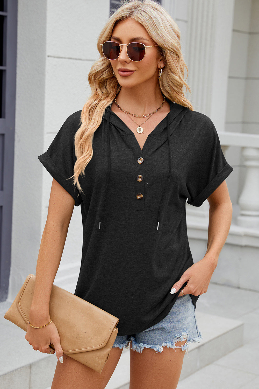 Half Button Drawstring Short Sleeve Hooded T-Shirt - Babbazon Camisole