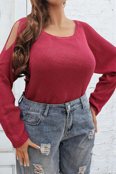 Plus Size Cold Shoulder Round Neck Sweater 