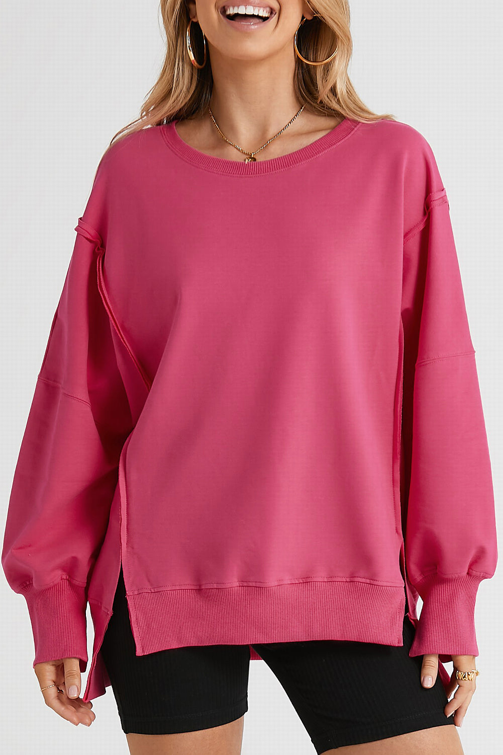 Slit Exposed Seam Round Neck Sweatshirt 