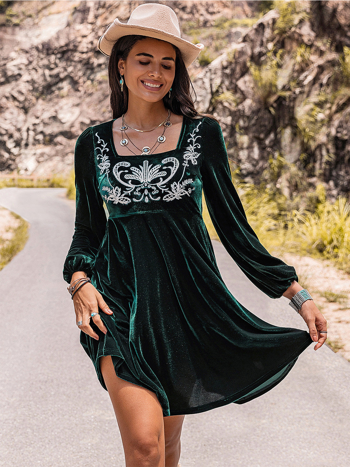 Embroidered Square Neck Long Sleeve Dress 