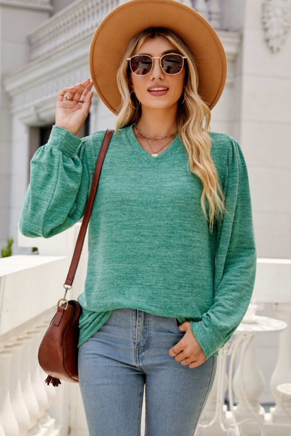 Long Puff Sleeve V-Neck Top