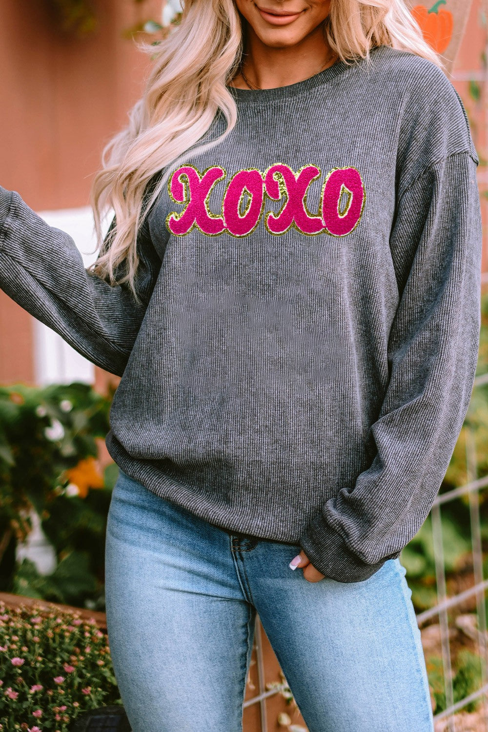 XOXO Sequin Round Neck Dropped Shoulder Sweatshirt - Babbazon sweatshirt