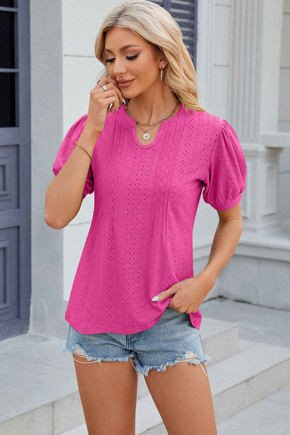 Eyelet Notched Puff Sleeve Blouse 