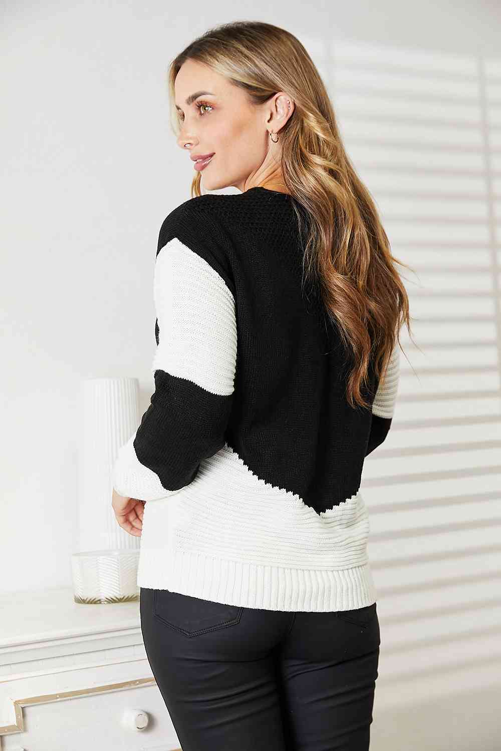 Woven Right Two-Tone Openwork Rib-Knit Sweater 