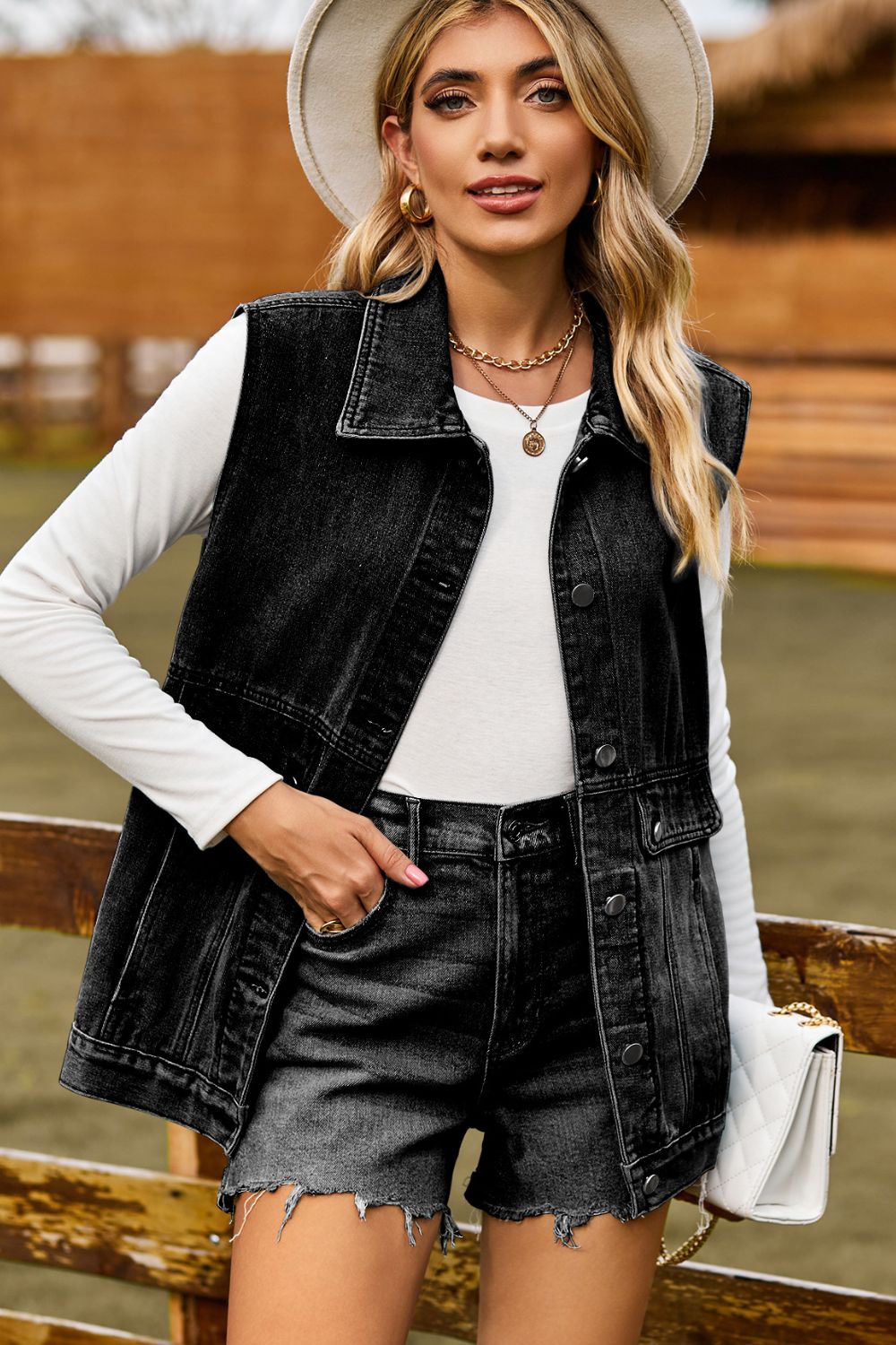 Sleeveless Collared Neck Denim Top with Pockets 