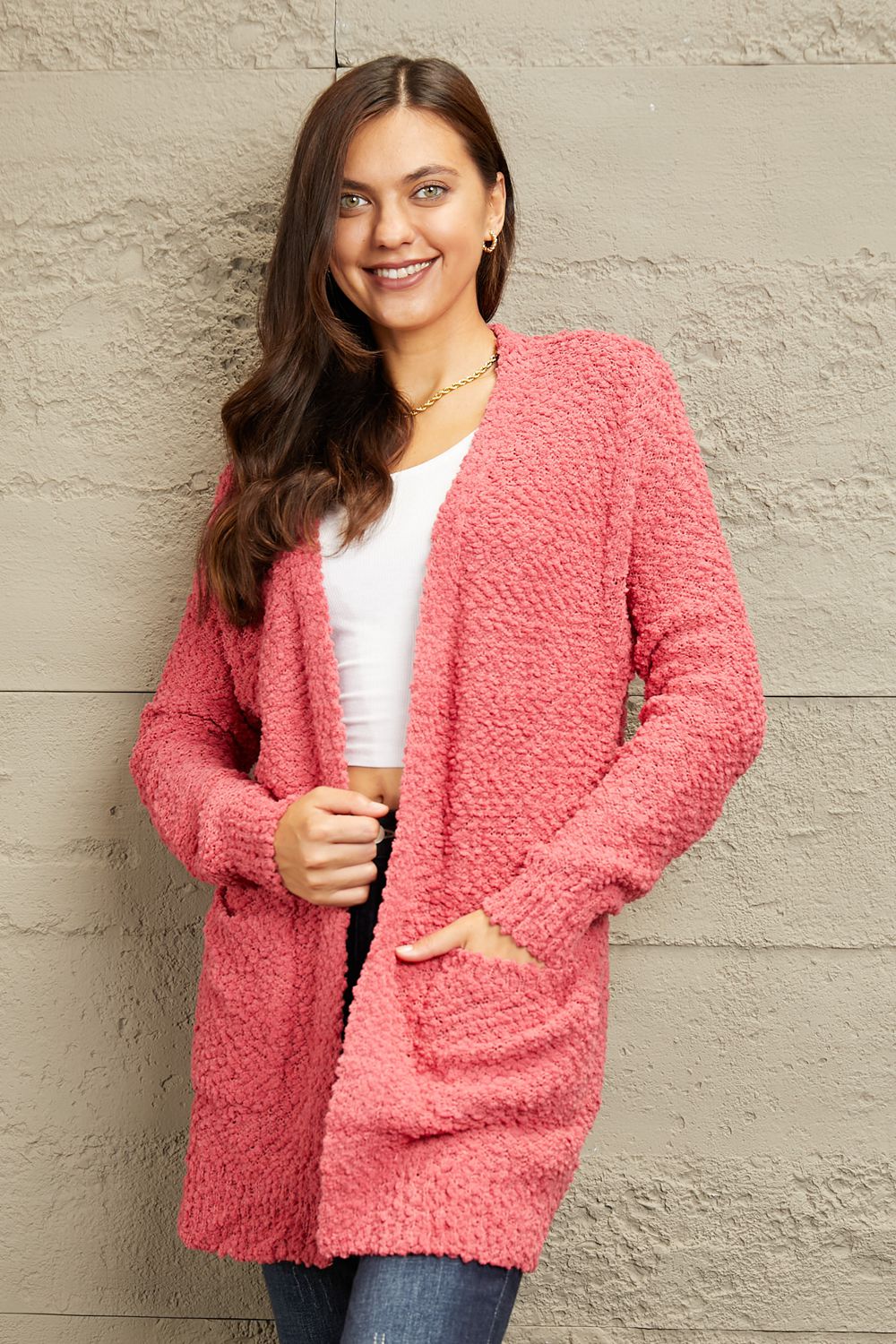 Zenana Falling For You Full Size Open Front Popcorn Cardigan 