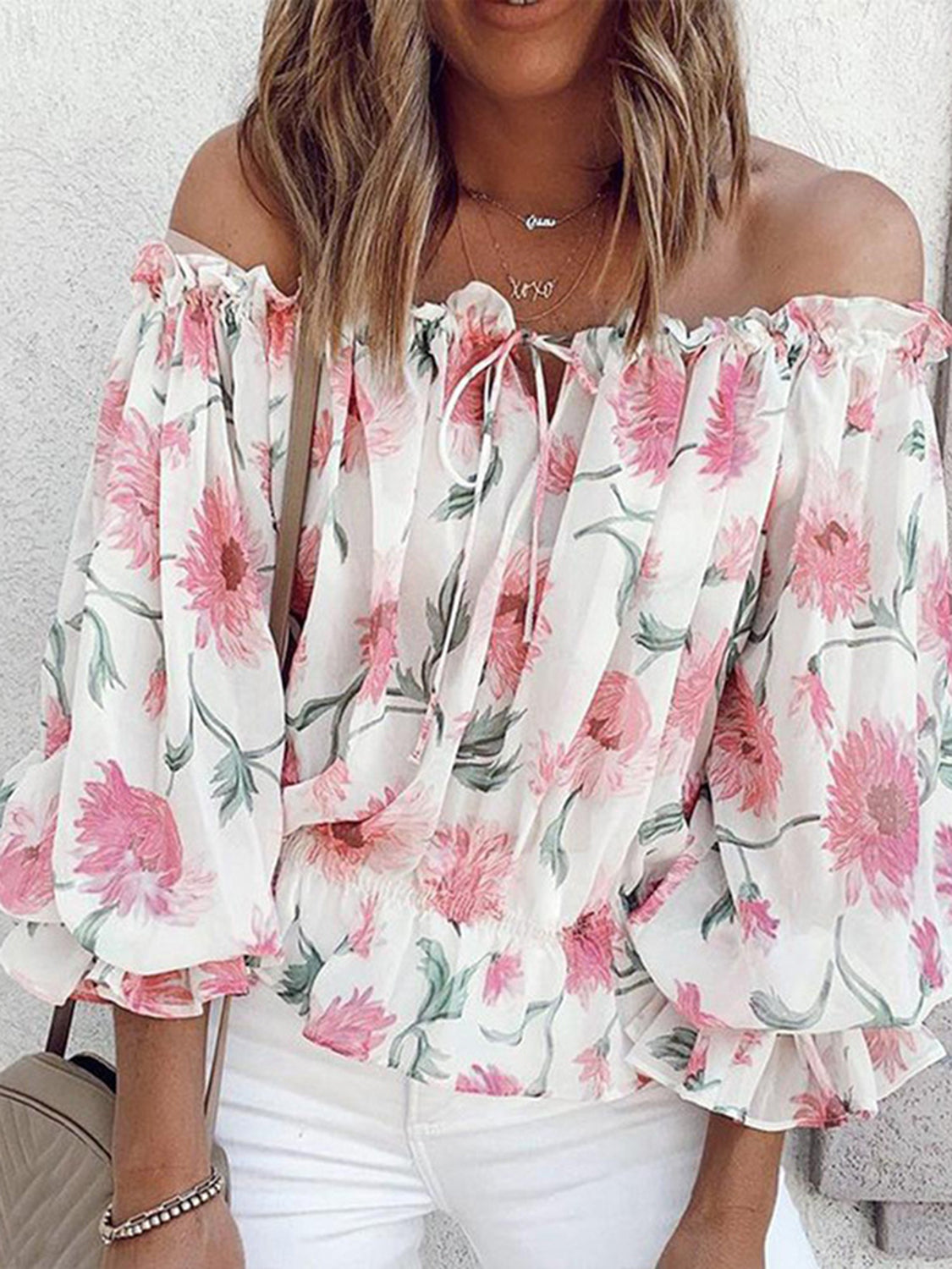 Floral Off-Shoulder Flounce Sleeve Blouse 