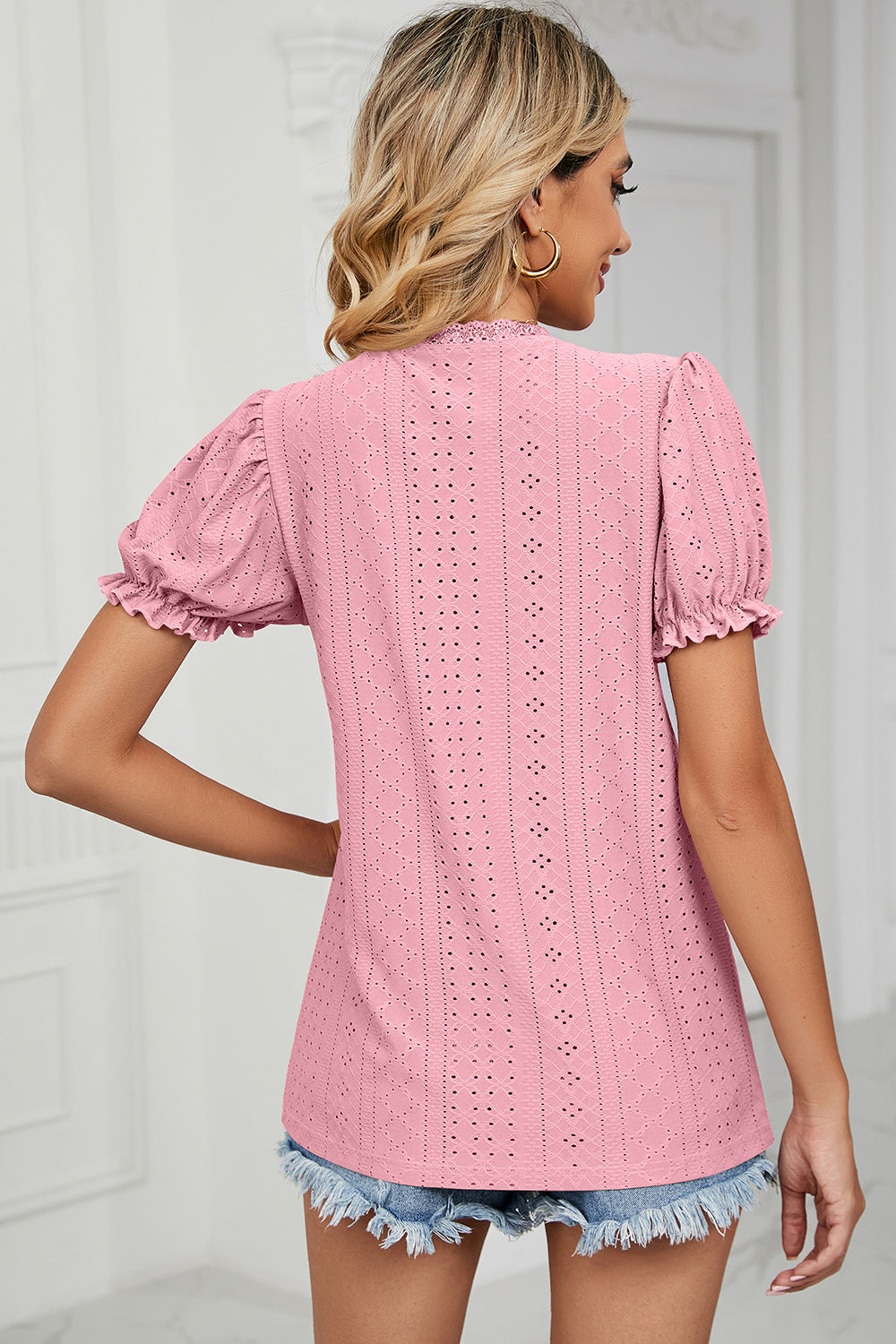 Eyelet V-Neck Short Sleeve Top 