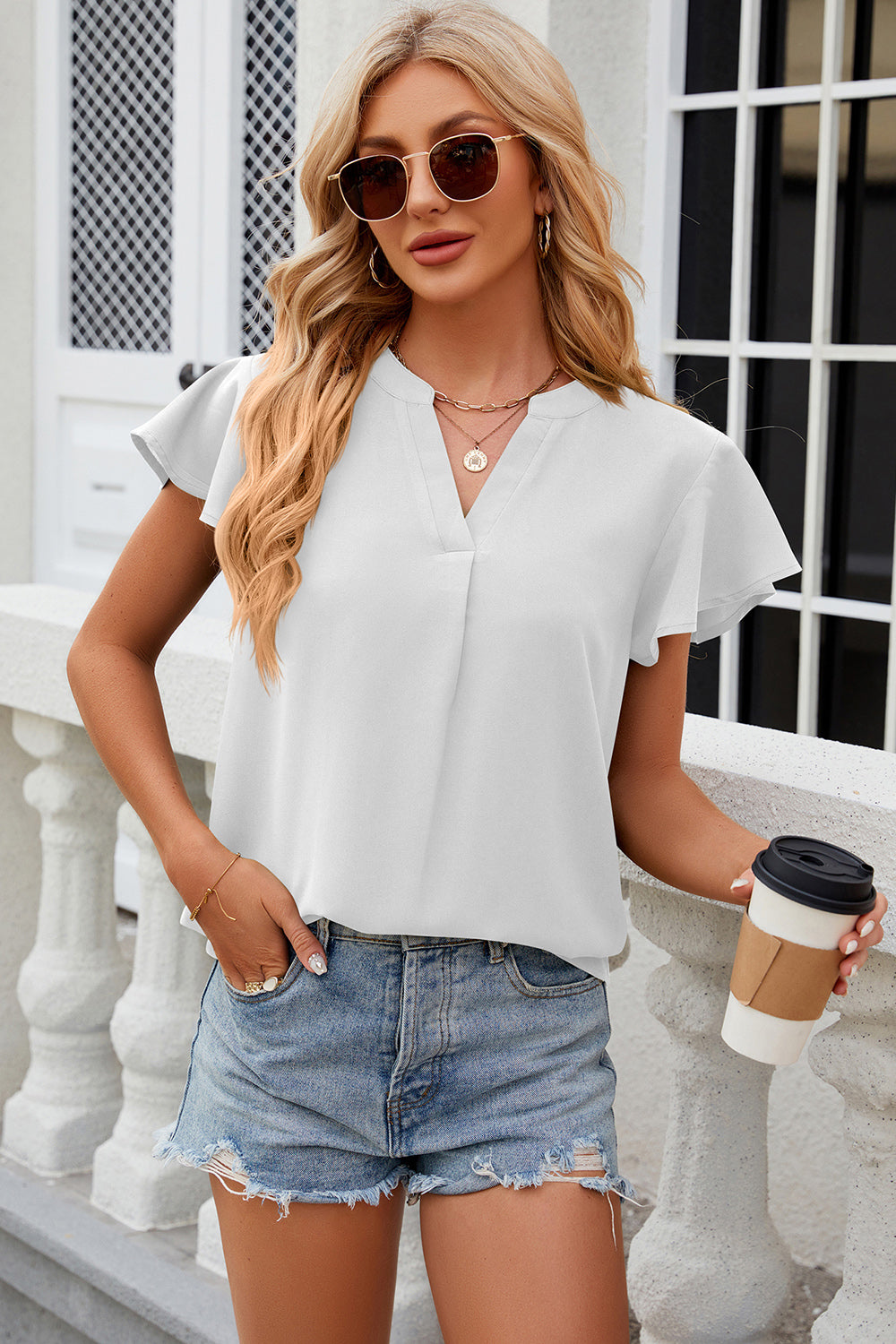 Notched Cap Sleeve T-Shirt 