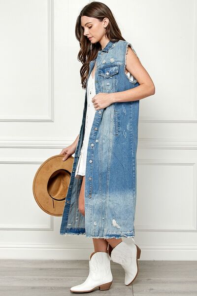 Veveret Full Size Distressed Sleeveless Longline Denim Jacket 