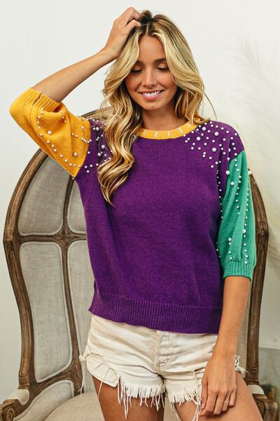 BiBi Color Block Pearl Detail Round Neck Sweater 