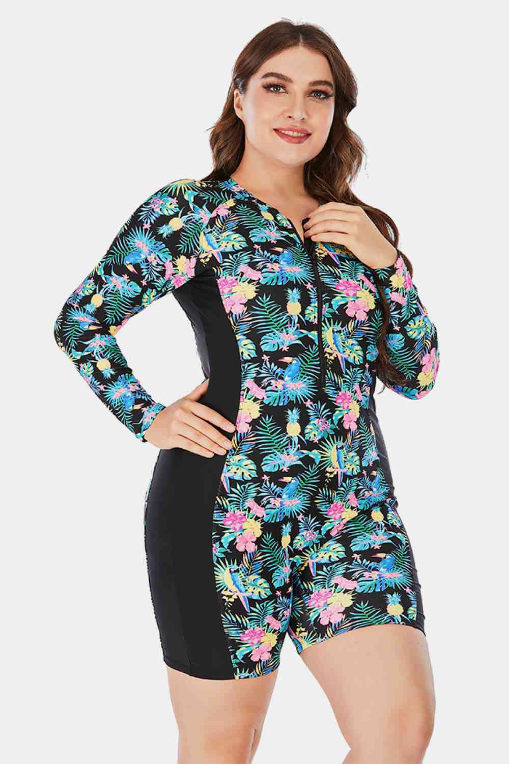 Plus Size Floral Zip Up  Long Sleeve Short Wetsuit 