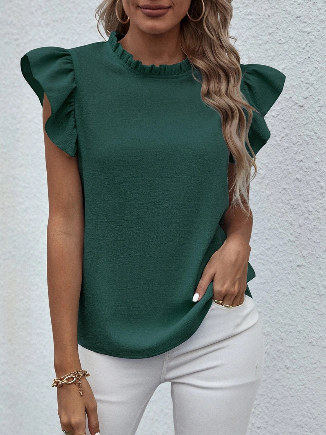 Mock Neck Ruffled Cap Sleeve Blouse 