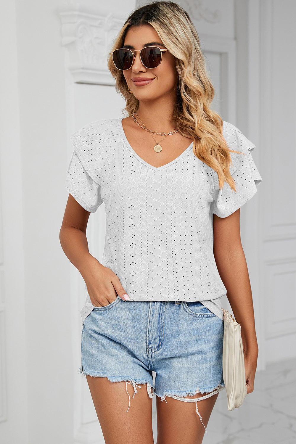 Eyelet V-Neck Short Sleeve T-Shirt 