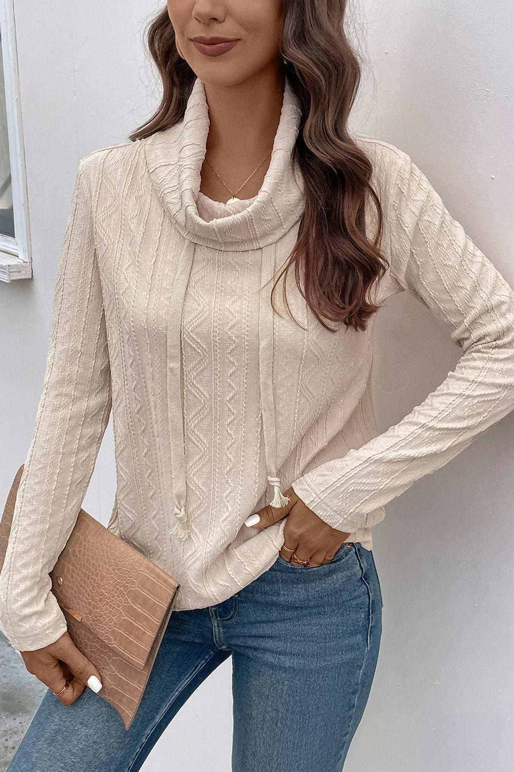 Tied Mock Neck Long Sleeve Knit Top 