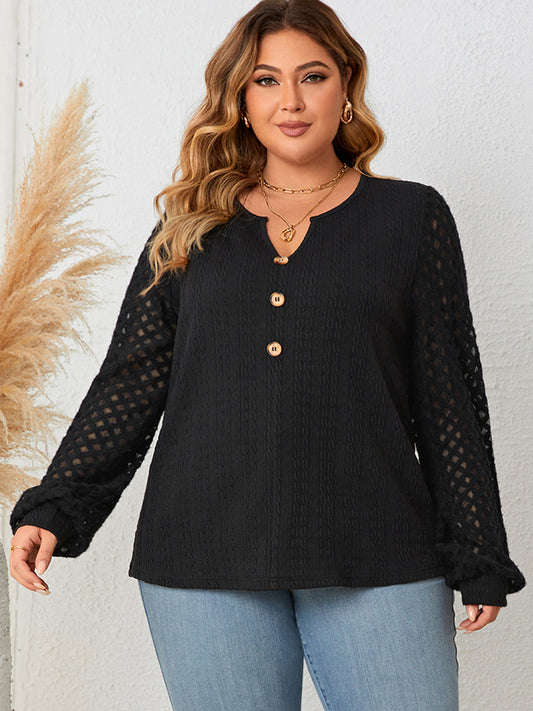 Plus Size Openwork Notched Button Front Blouse 