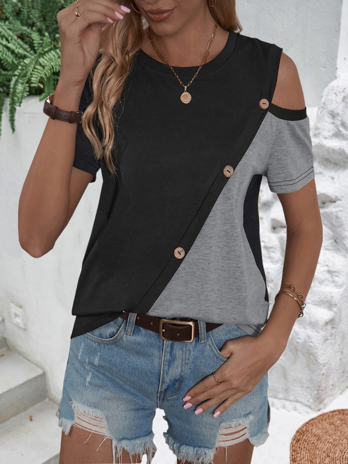 Color Block Round Neck Short Sleeve T-Shirt 