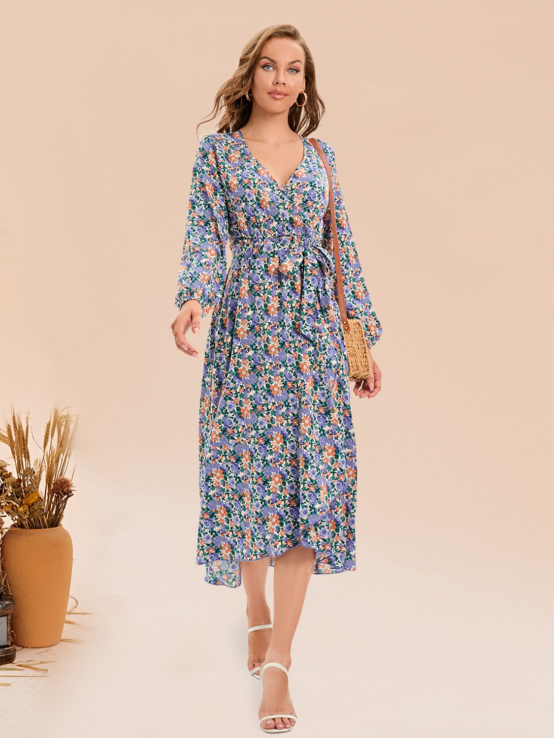 Full Size Printed Surplice Long Sleeve Dress 