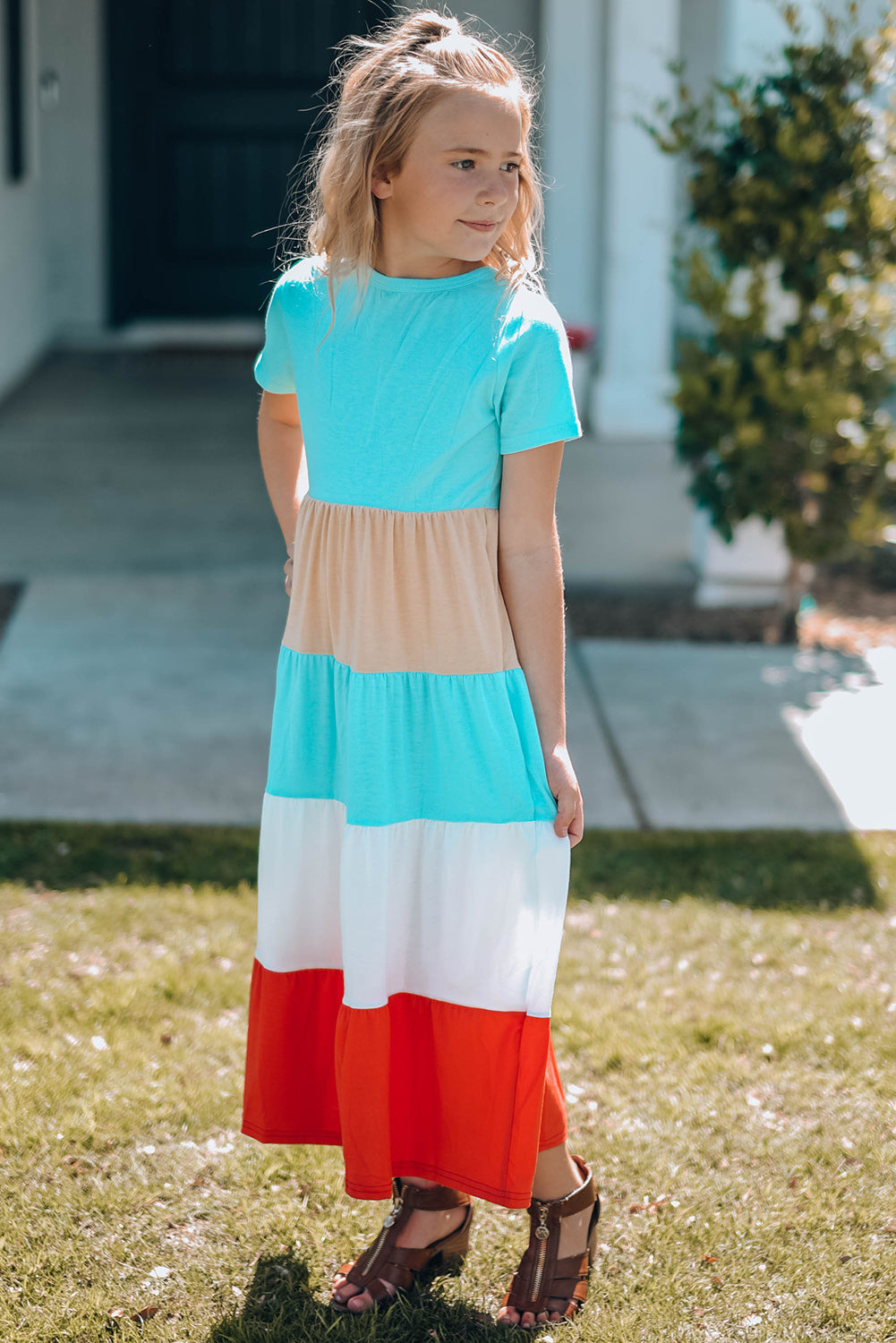 Girls Color Block Round Neck Maxi Dress 