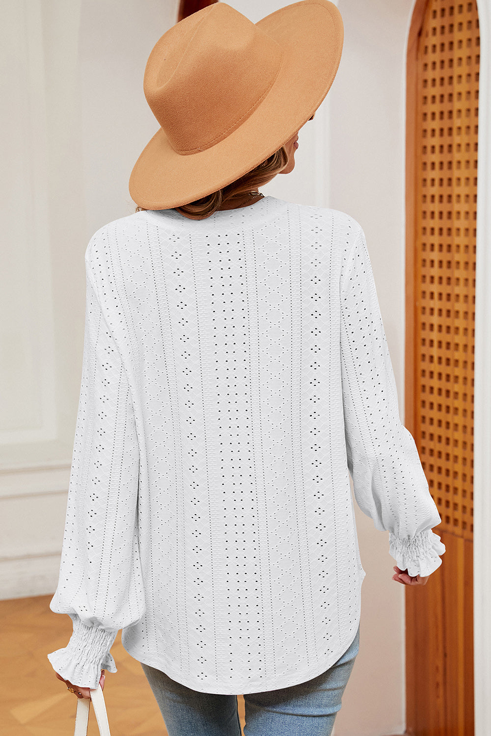 Eyelet Notched Long Sleeve T-Shirt 