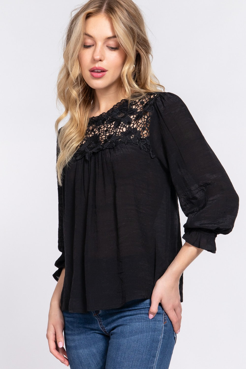 ACTIVE BASIC Crochet Lace Panel Flounce Sleeve Blouse 