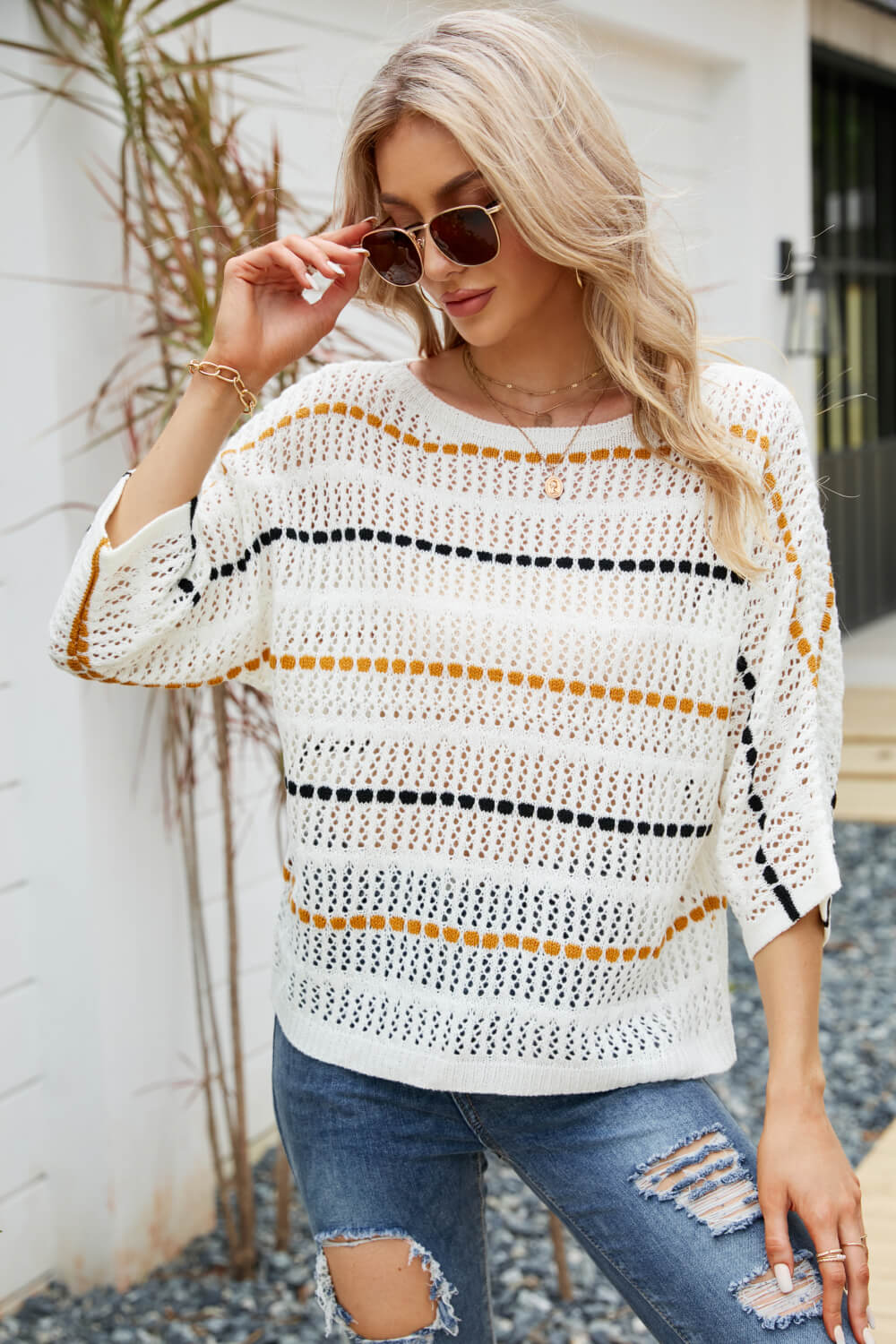 Striped Openwork Three-Quarter Sleeve Knit Top 